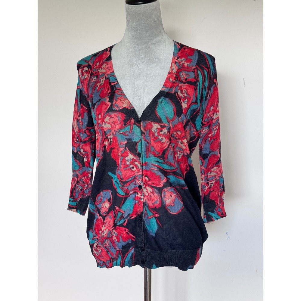 Ann Taylor Womens Small Floral V-Neck Cardigan 3/4 Sleeve Navy Red Teal Knit